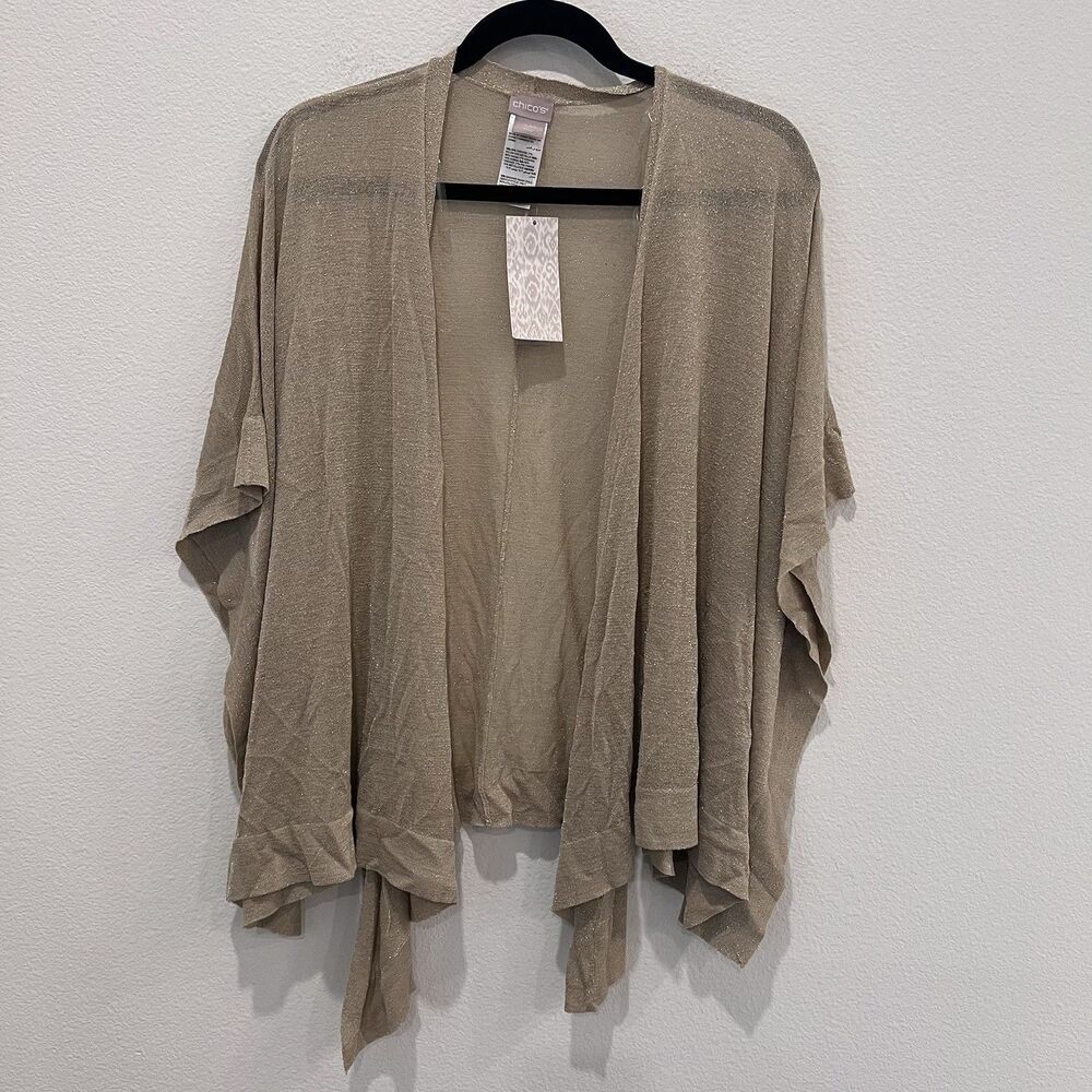 Chico's Shimmering Ruana Short Sleeve Cardigan Sweater Size S/M Gold Neutral